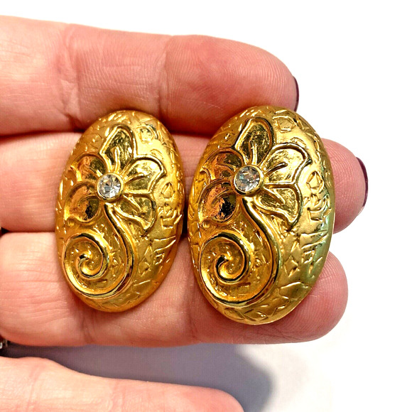 Clip On Earrings Chunky Gold Textured Ovals Y2K Boss Lady Mod Floral Rhinestones - Picture 5 of 7